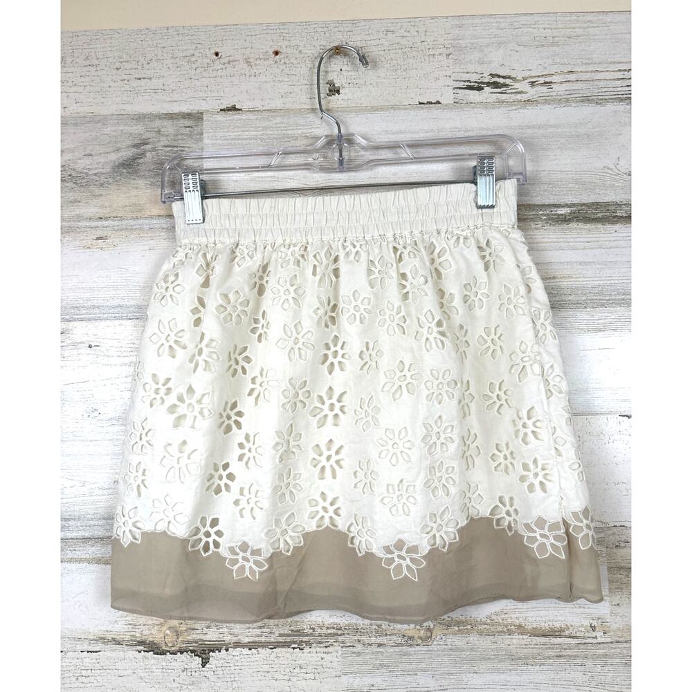 Club Monaco Womens 00 White Tan Eyelet Lace Boho Mini Skirt Cotton Pull On